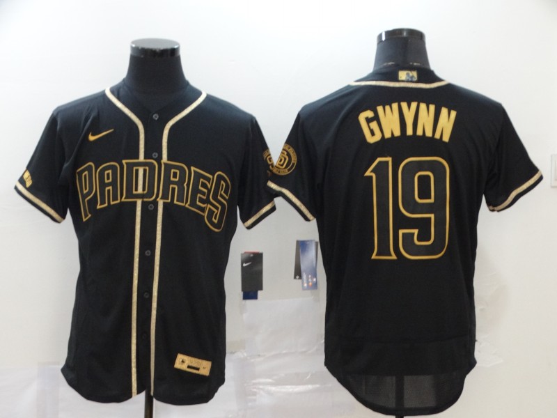 Men's San Diego Padres #19 Tony Gwynn Black Golden Flex Base Stitched Baseball Jersey Men's San Diego Padres #19 Tony Gwynn Black Golden Flex Base Stitched Baseball Jersey
